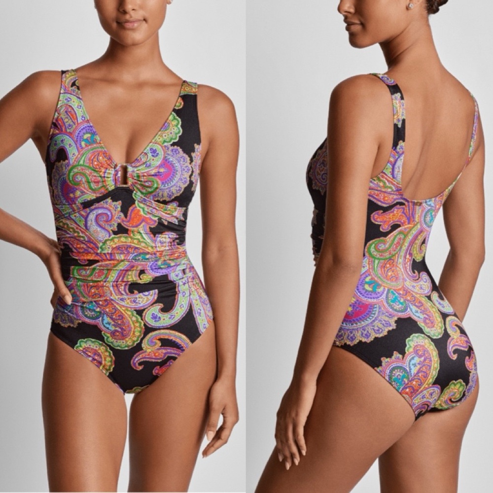 Lauren Ralph Lauren Bordado Paisley Ring One Piece Swimsuit Pool Beach